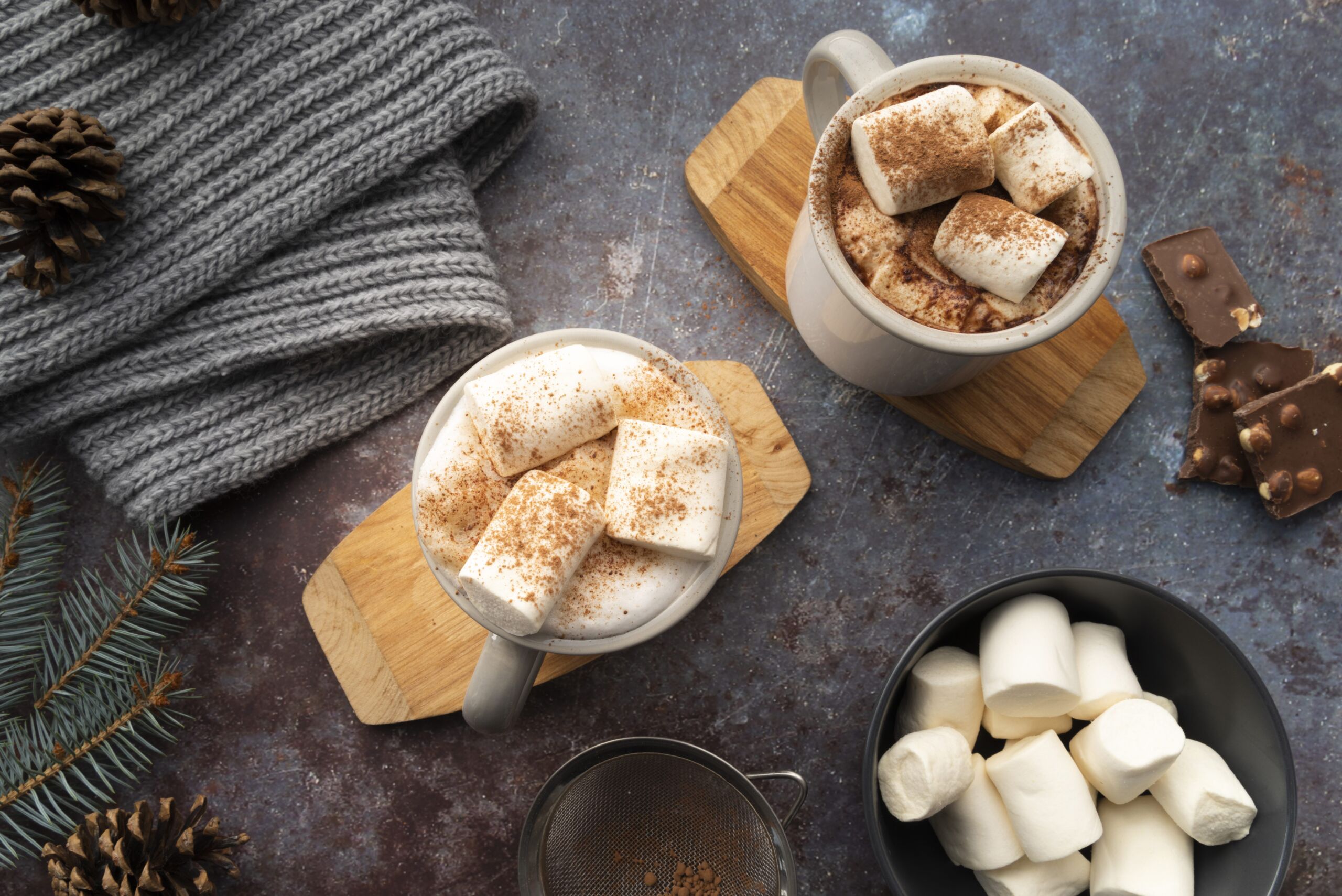 flat lay assortment with mugs with tasty beverage scaled