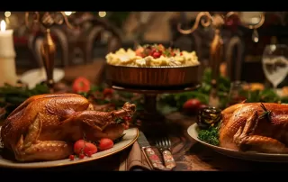 a beautifully arranged thanksgiving feast with a succulent turkey, creamy mashed potatoes, and decadent pies, all catered to perfection in nyc.