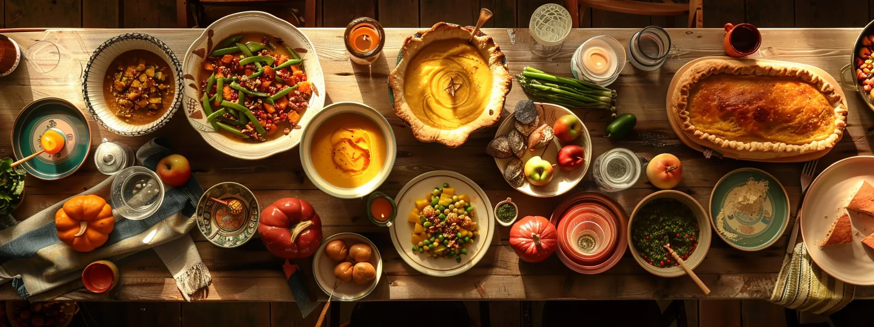 a beautifully arranged thanksgiving feast spread with colorful dishes, including vibrant butternut squash soup and mouth-watering apple pies, showcasing a creative and personalized menu selection.