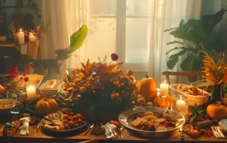 a beautifully decorated thanksgiving table overflowing with an abundance of delicious dishes, surrounded by elegant autumn decor.