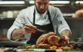 a chef meticulously crafting a customizable thanksgiving menu with a diverse array of ingredients.