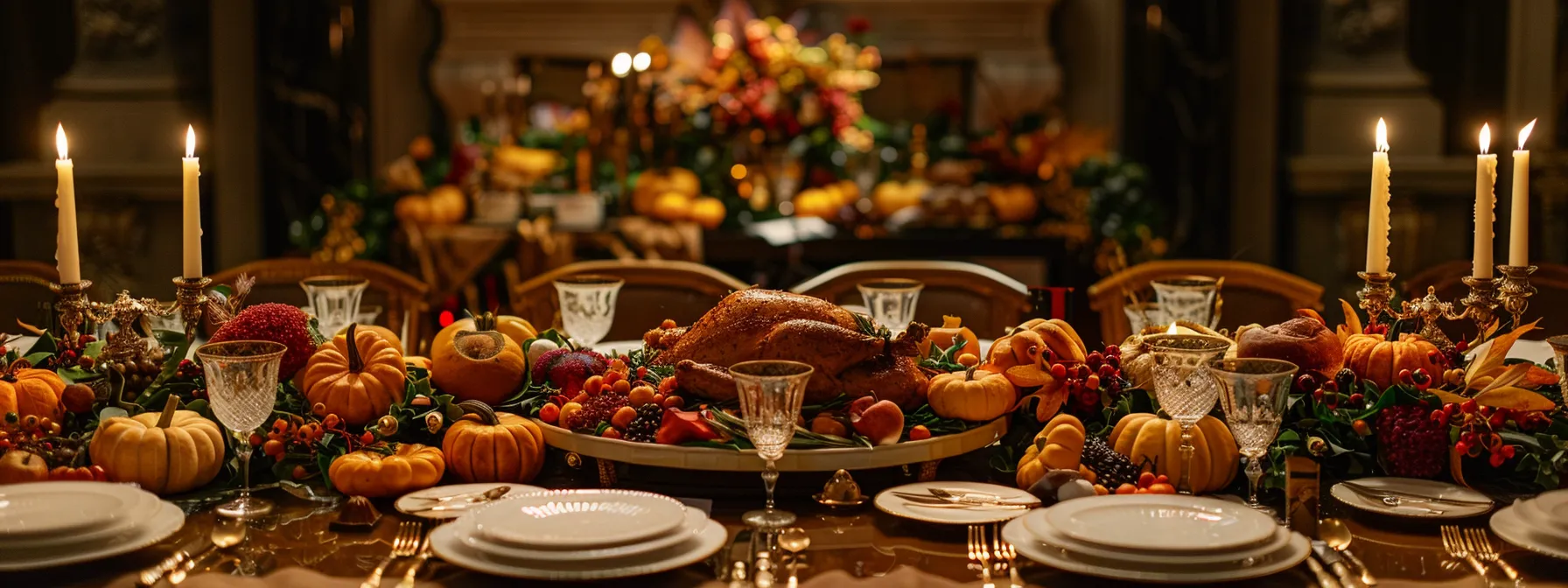 a table adorned with a lavish thanksgiving feast, surrounded by elegant fall decor in a sophisticated nyc setting.